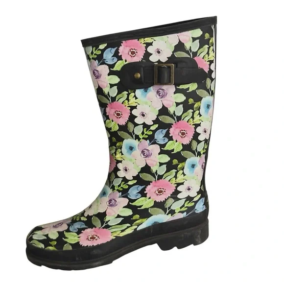 Blue Mountain Black Rain Boots with multi colored flower print  US 9 - Picture 2 of 7